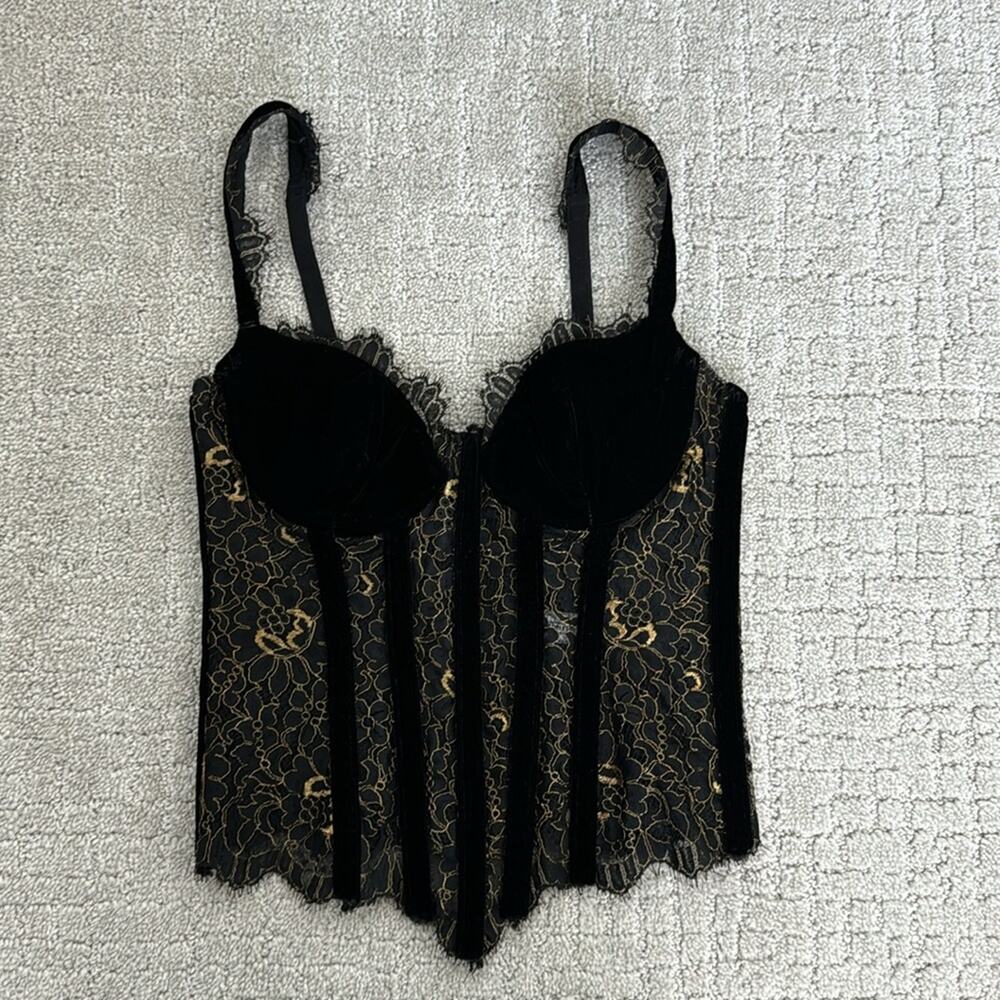 Natori black velvet gold lace boned bustier corset top going out holiday